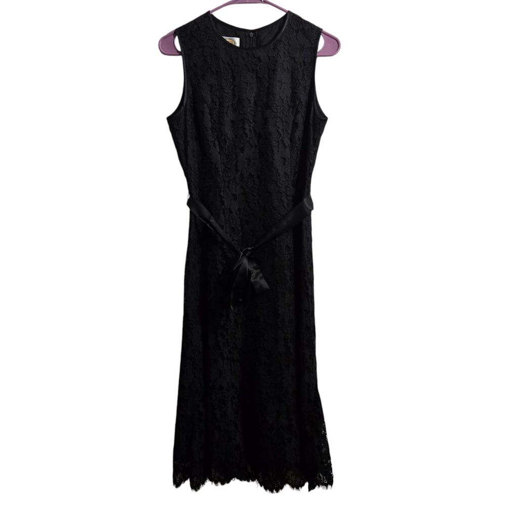 Talbots Midi Cocktail Dress Women 4 Black Sleeveless Lace Waist Tie Romantic